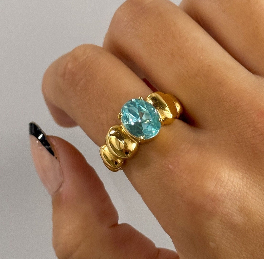 Gold ring blue topaz, gold minimal ring, turquiose chunky statement ring, gold filled ring, thick gold ring, sapphire birthstone ring, blue