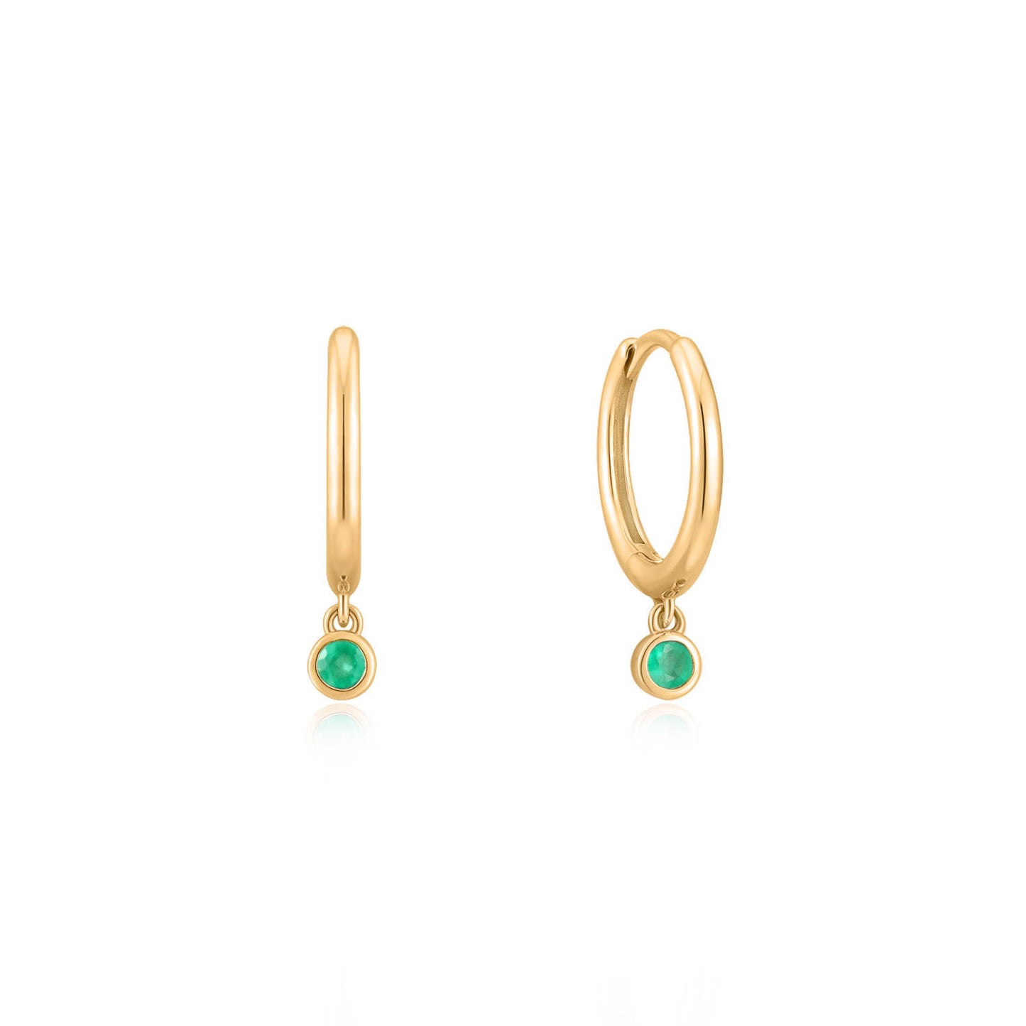 emerald drop hoop earrings, green stone drop earrings on a white background