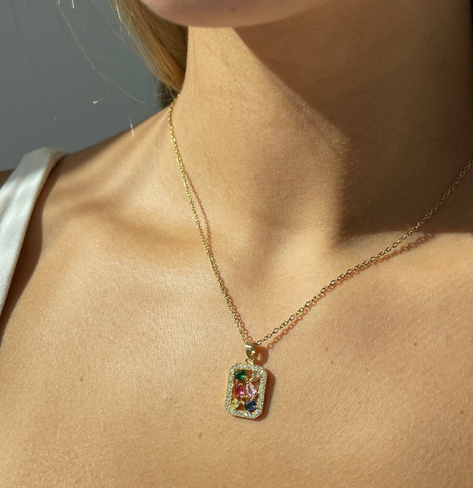 Irregular Gemstone Necklace, colorful stone necklace, minimalist square pendant, square gold pendant, pendant necklace layering, gemstone